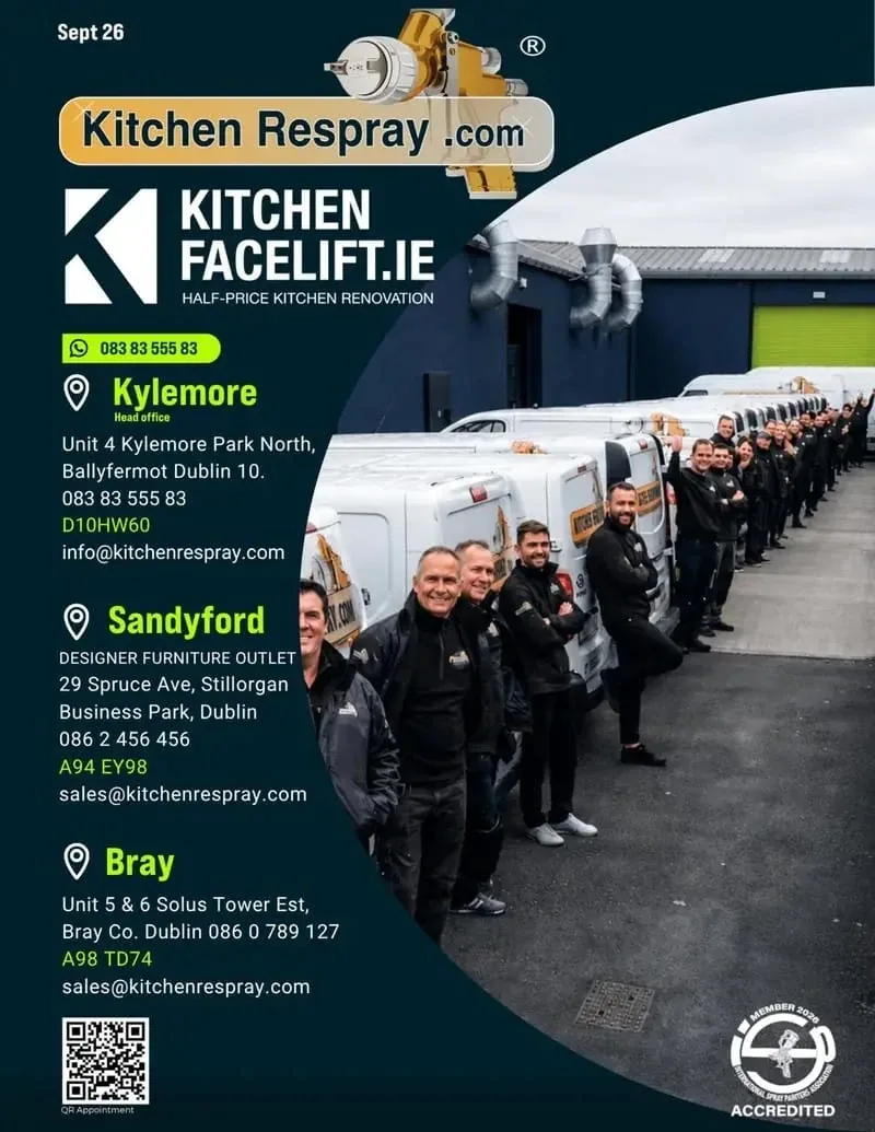 Kitchen Respray and Kitchen Facelift brochure cover: the team with the van fleet, showroom addresses and contact details
