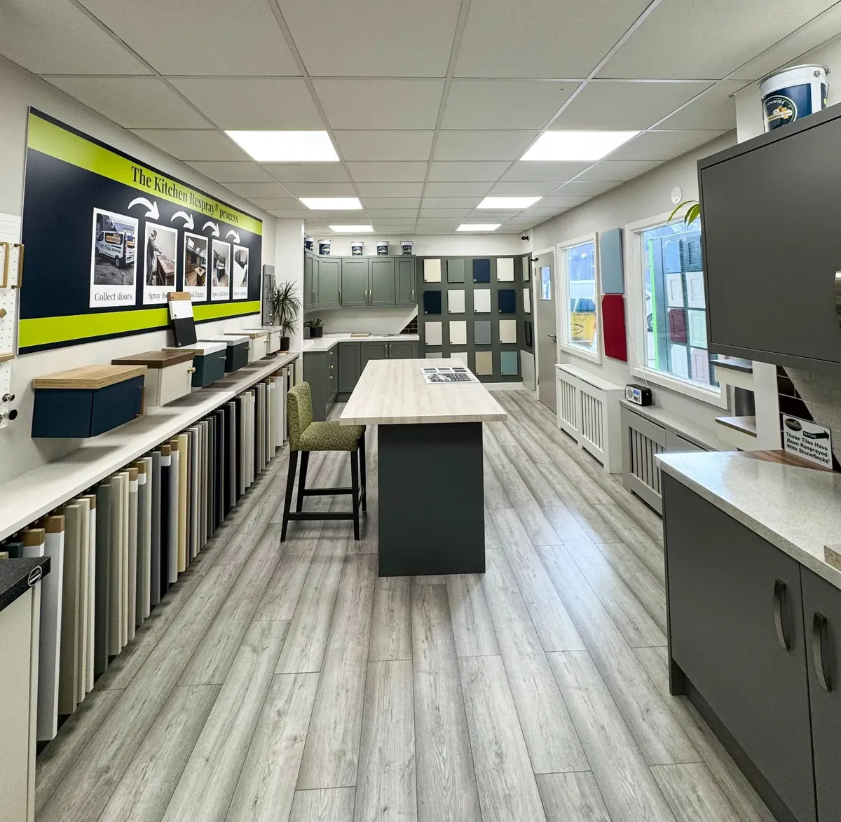 Inside the Kylemore showroom: door samples, colour panels and a display kitchen