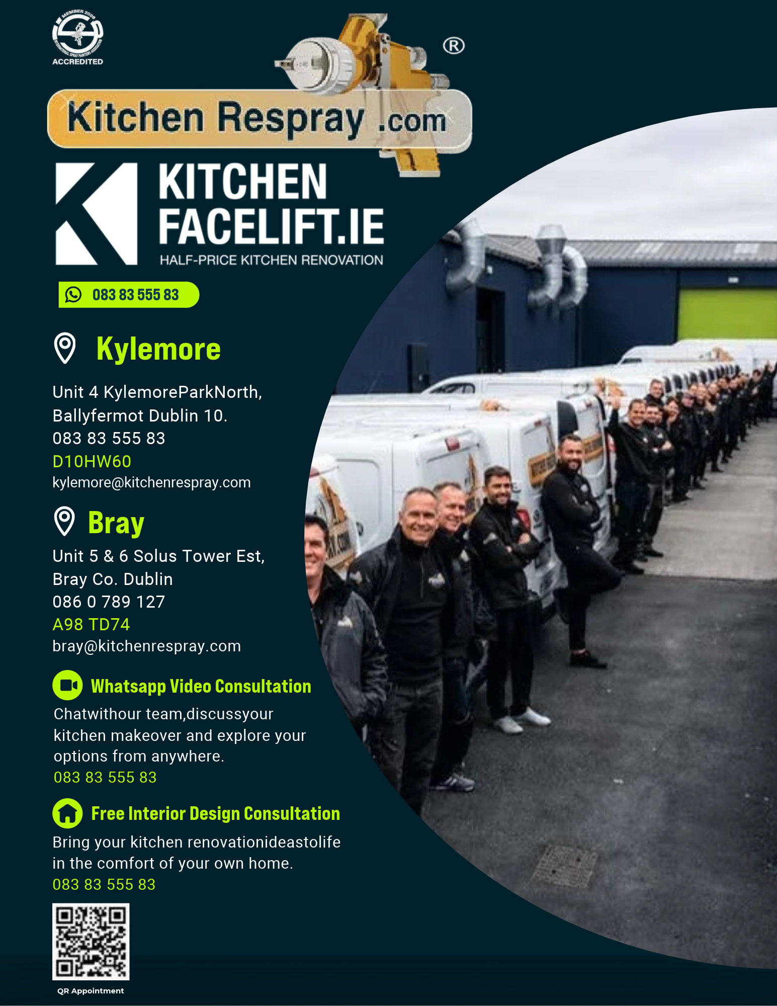 Kitchen Respray and Kitchen Facelift: the team with the van fleet, Kylemore and Bray showroom addresses and contact details