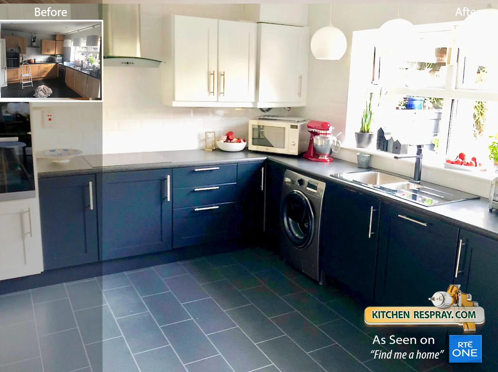 Kitchen resprayed in Farrow & Ball Stiffkey Blue with a stone worktop